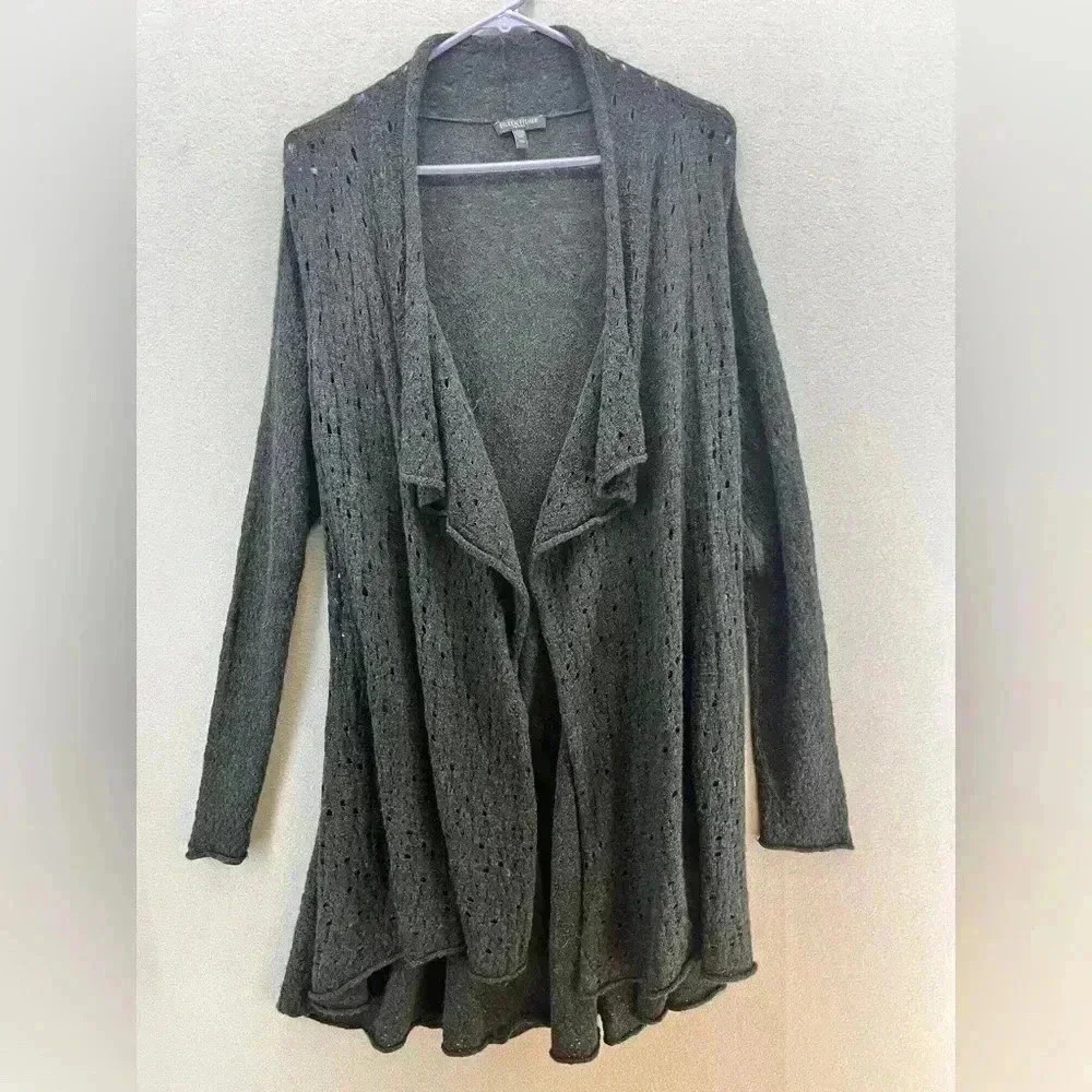 Eileen Fisher Cardigan petite, long length, open front, dark grey open stitch